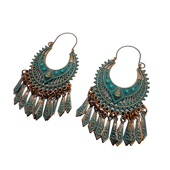 Lira Tribal Spear Earrings Metal Fringe Vintage Bronze Blue Bohemian Turquoise - Picture 4 of 4